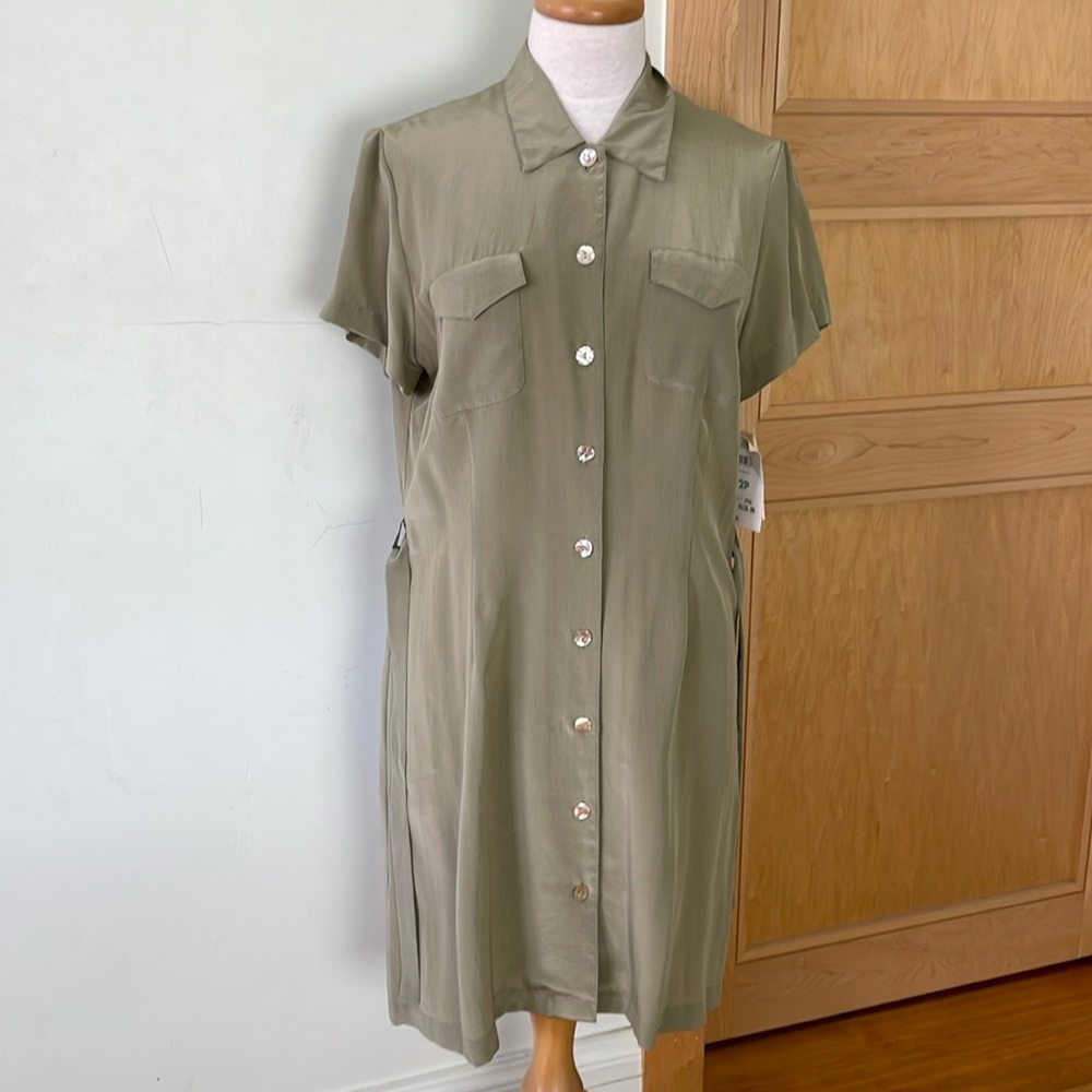 NWT Vintage Emma James Petite Short Sleeved Moss Green Silk Dress, Size 12P